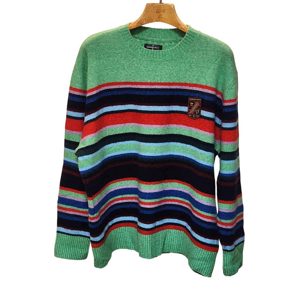 Houston‎ White Striped Crewneck Sweater Green Multi Color Wool Blend Size M Edgy